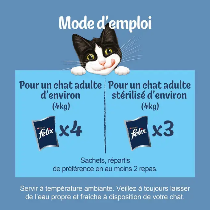 FELIX Emincés en Gelée pour chat Volaille-Légumes Mode d'Emploi