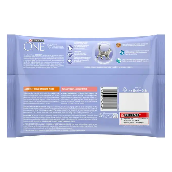 Purina ONE® - Sachets pour Chat Spécial Pelage et Boules de Poils au Poulet et au Saumon