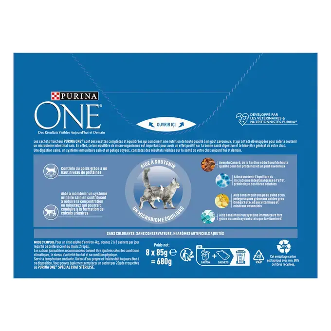Purina ONE® - Sachets d'effilés en sauce pour Chat Stérilisé au Canard, à la Sardine et au Boeuf
