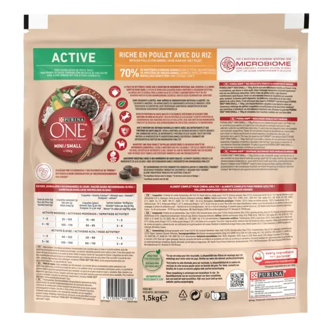 PURINA ONE® MINI/SMALL < 10kg Active, Croquettes pour petit chien actif Riche en Poulet avec du Riz