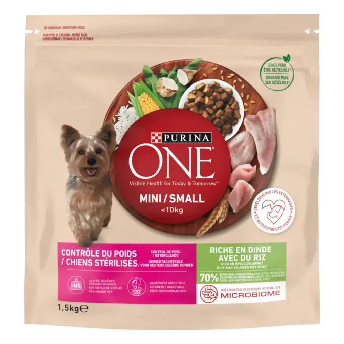 PURINA ONE® MINI/SMALL < 10kg Contrôle du Poids / Chiens stérilisés Riche en Dinde avec du Riz - Croquettes pour chien en sur