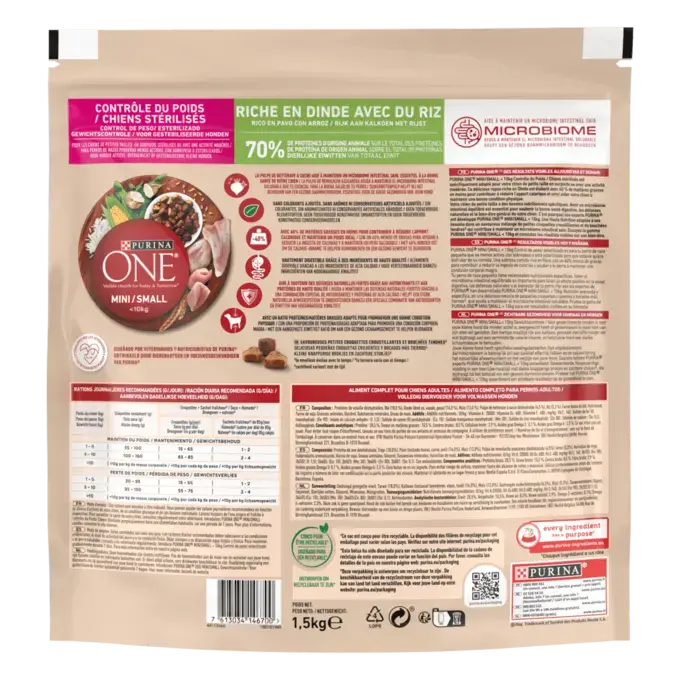 PURINA ONE® MINI/SMALL < 10kg Contrôle du Poids / Chiens stérilisés Riche en Dinde avec du Riz - Croquettes pour chien en sur