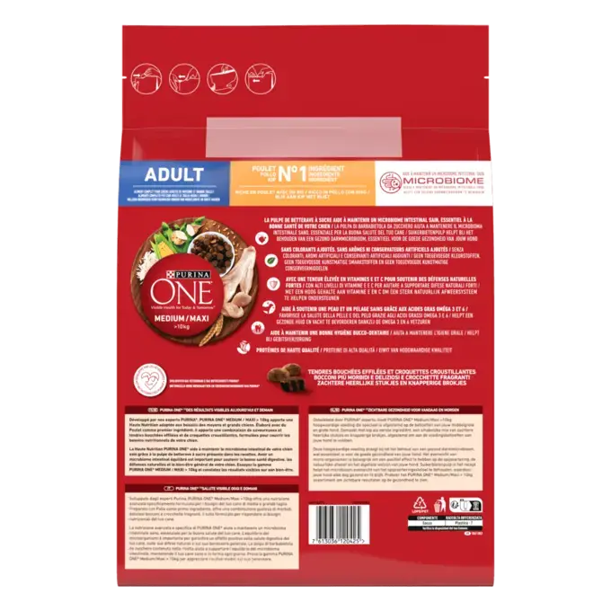 PURINA ONE® Medium / Maxi > 10kg Adult Riche en Poulet avec du Riz - Croquettes pour chien