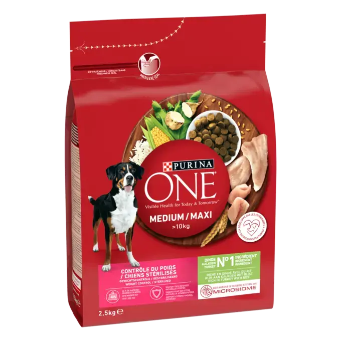 PURINA ONE® MEDIUM MAXI > 10kg Weight Control, Croquettes pour chien en surpoids ou stérilisé Riche en Dinde avec du Riz