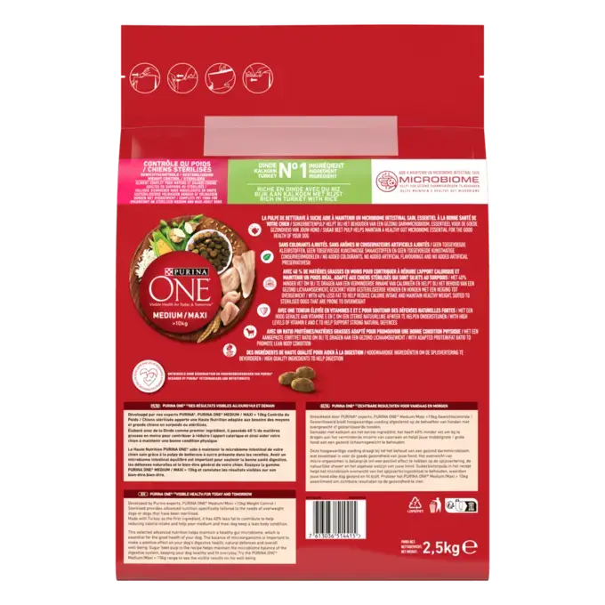 PURINA ONE® MEDIUM MAXI > 10kg Weight Control, Croquettes pour chien en surpoids ou stérilisé Riche en Dinde avec du Riz