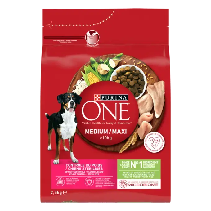 PURINA ONE® MEDIUM MAXI > 10kg Weight Control, Croquettes pour chien en surpoids ou stérilisé Riche en Dinde avec du Riz