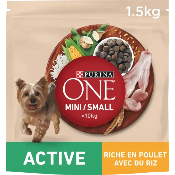 PURINA ONE® MINI/SMALL < 10kg Active, Croquettes pour petit chien actif Riche en Poulet avec du Riz