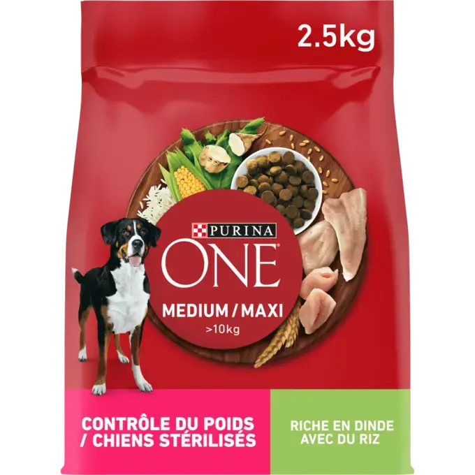 PURINA ONE® MEDIUM MAXI > 10kg Weight Control, Croquettes pour chien en surpoids ou stérilisé Riche en Dinde avec du Riz