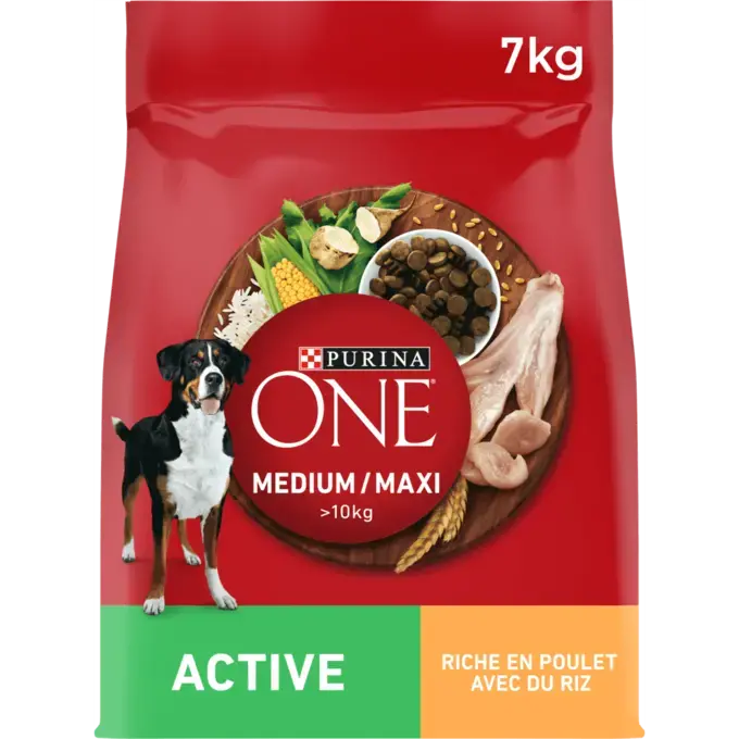 PURINA ONE® MEDIUM MAXI > 10kg Active, Croquettes pour chien actif Riche en Poulet avec du Riz -