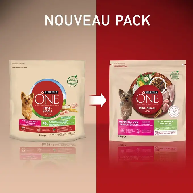 PURINA ONE® MINI/SMALL < 10kg WEIGHT CONTROL Croquettes pour chien en surpoids ou stérilisé Riche en Dinde avec du Riz