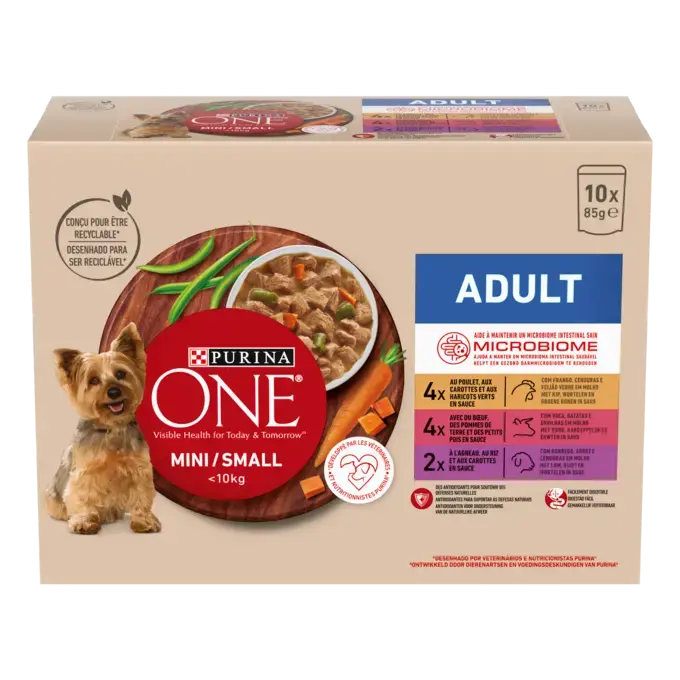PURINA ONE ® MINI/SMALL < 10kg Adult - Effilés en sauce au Poulet, au Bœuf et à l’Agneau_1