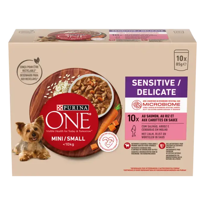 PURINA ONE ® MINI/SMALL < 10kg Sensitive - Effilés en Sauce au Saumon, au Riz et aux Carottes_1
