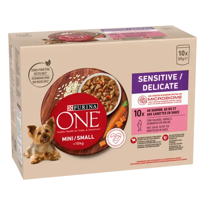 PURINA ONE ® MINI/SMALL < 10kg Sensitive - Effilés en Sauce au Saumon, au Riz et aux Carottes_2
