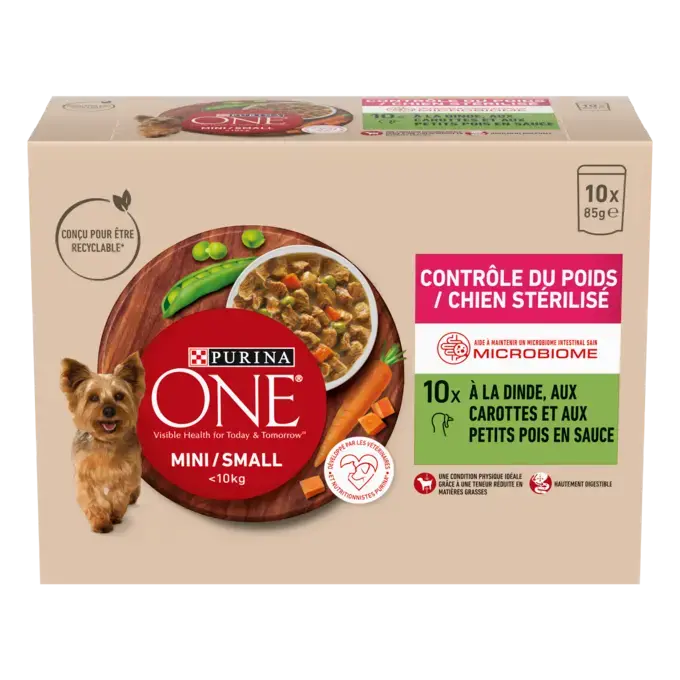 PURINA ONE ® MINI/SMALL < 10kg Contrôle du Poids / Chien Stérilisé - Effilés en sauce à la Dinde, aux carottes et aux petits 