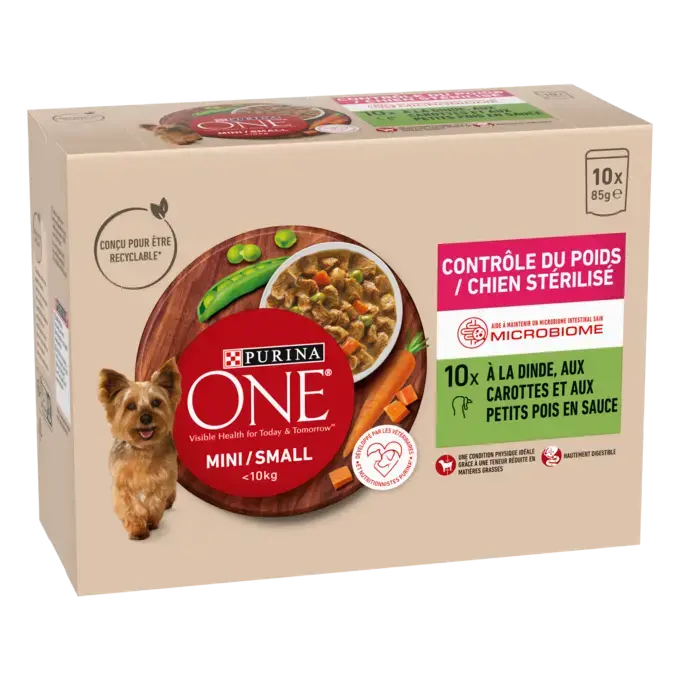 PURINA ONE ® MINI/SMALL < 10kg Contrôle du Poids / Chien Stérilisé - Effilés en sauce à la Dinde, aux carottes et aux petits2