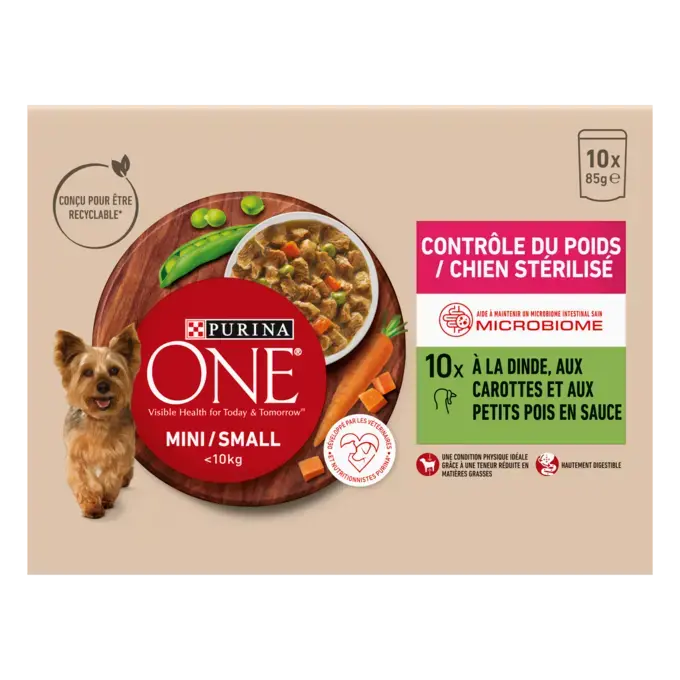 PURINA ONE ® MINI/SMALL < 10kg Contrôle du Poids / Chien Stérilisé - Effilés en sauce à la Dinde, aux carottes et aux petits3