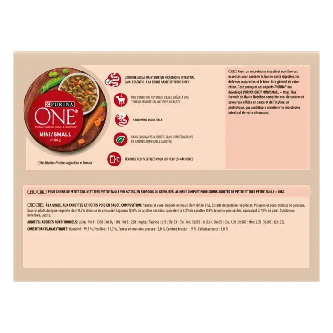 PURINA ONE ® MINI/SMALL < 10kg Contrôle du Poids / Chien Stérilisé - Effilés en sauce à la Dinde, aux carottes et aux petits4