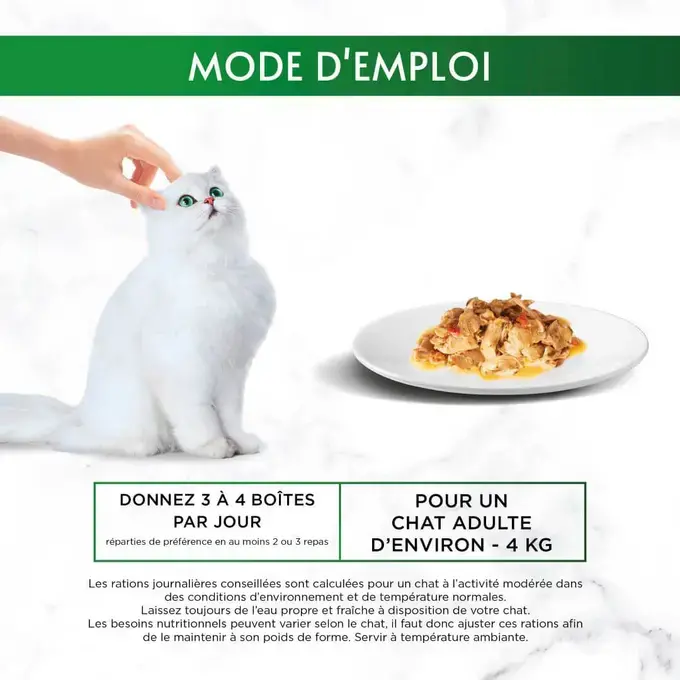 Rations journalières conseillées Gourmet Natures Creations pour un chat adulte à l'activité modéré