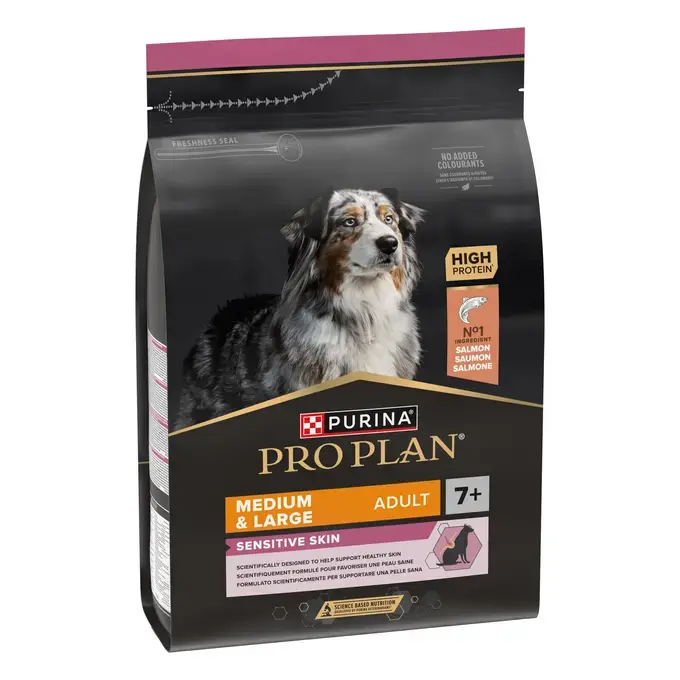 PURINA® PRO PLAN® MEDIUM & LARGE ADULT 7+ SENSITIVE SKIN - RICHE EN SAUMON - Croquettes pour chien senior à la peau sensible
