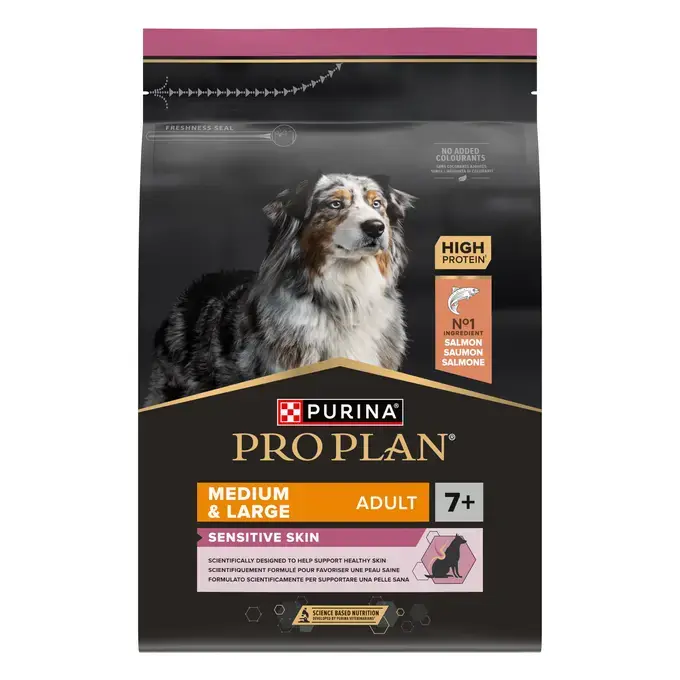 PURINA® PRO PLAN® MEDIUM & LARGE ADULT 7+ SENSITIVE SKIN - RICHE EN SAUMON - Croquettes pour chien senior à la peau sensible