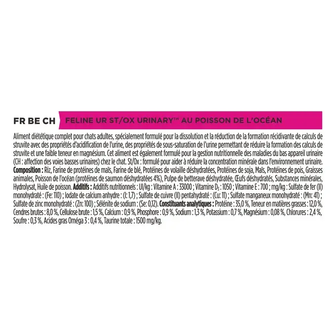 Purina® PRO PLAN® Veterinary Diets Feline UR St/Ox Urinary, Poisson de l'Océan - Croquettes pour Chat souffrant de Calculs Ur