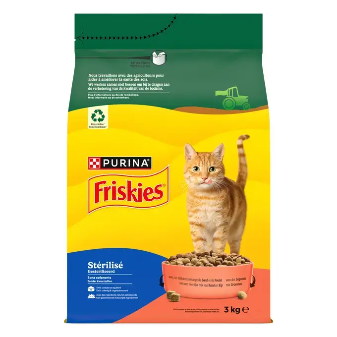 FRISKIES® pour CHAT STÉRILISÉ - Croquettes avec un délicieux mélange de Bœuf et de Poulet avec des Légumes