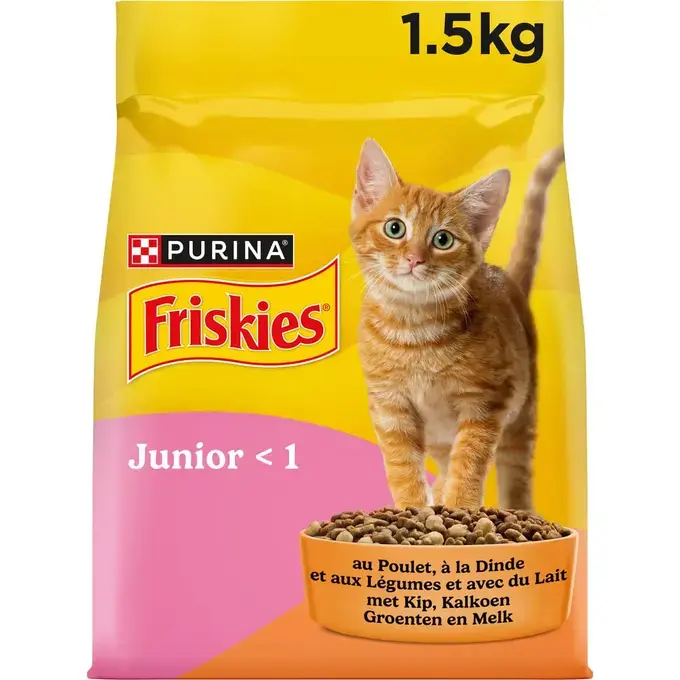 FRISKIES ® JUNIOR Pour CHATONS - Croquettes avec un délicieux mélange de Poulet et de Dinde avec du Lait