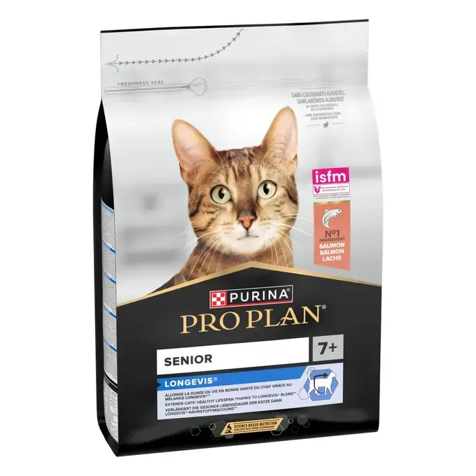 PURINA® PRO PLAN® Senior LONGEVIS® Riche en Saumon sont des croquettes formulées pour allonger la durée de vie en bonne santé
