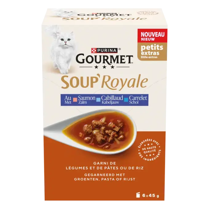 GOURMET™ Soup' Royale au Saumon, au Cabillaud ou au Carrelet, garni de légumes et de pâtes ou de riz