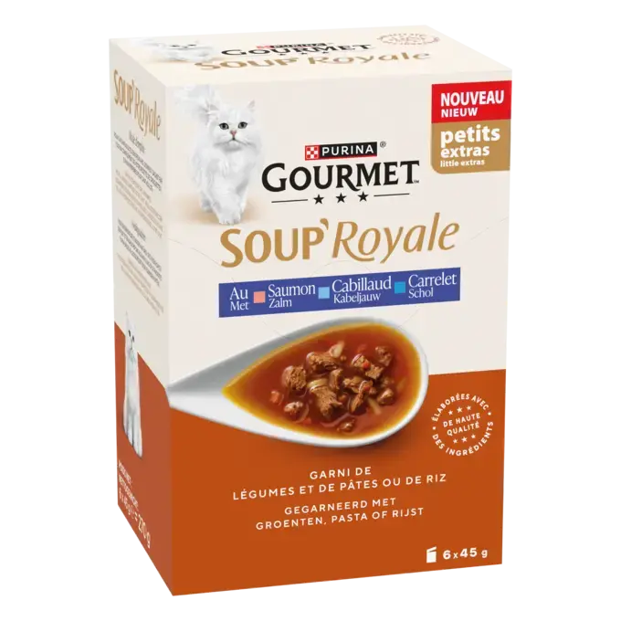 GOURMET™ Soup' Royale au Saumon, au Cabillaud ou au Carrelet, garni de légumes et de pâtes ou de riz