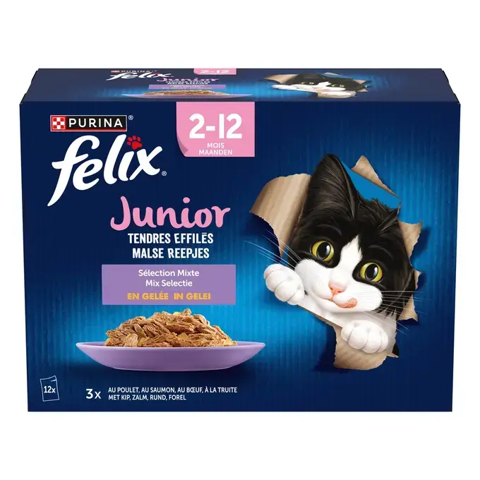 Emballage PURINA® FELIX® TENDRES EFFILES Junior Sélection aux Viandes et aux Poissons en Gelée Nourriture pour chaton