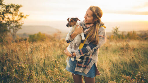 femme tenant jack russell dans un champ